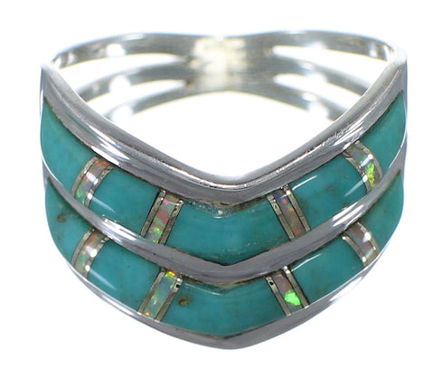 Southwest Turquoise And Opal Inlay Silver Ring Size 5-3/4 AX53991